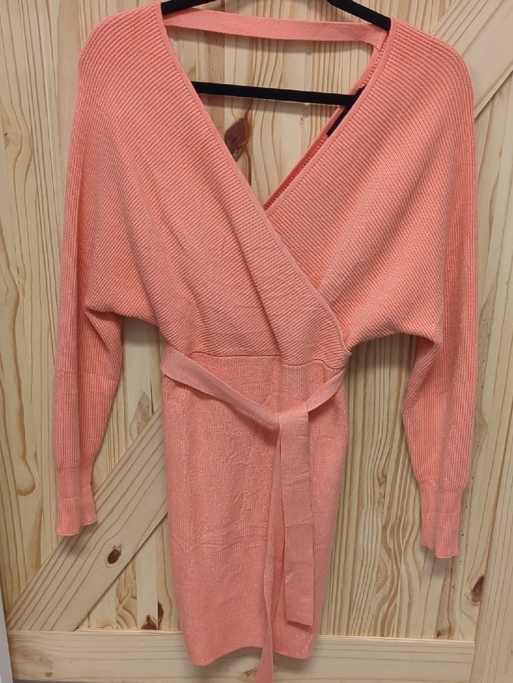 Peach Knit Wrap Sweater Dress